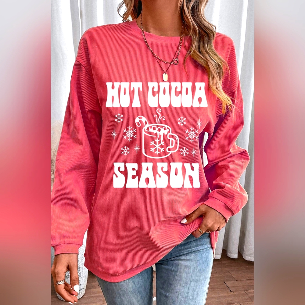 Women's HOT COCOA SEASON Ribbed Dusty Pink Round Neck Sweatshirt